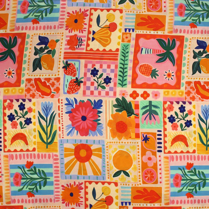 Tissu Viscose fluide Fruits en couleurs, palmiers et fleurs - COLLECTION SICILIA - STANDARD 100 OEKO - TEX - TissusPapi.com