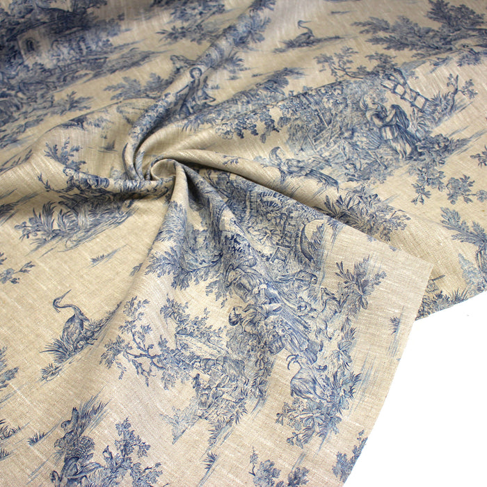 Tissu 100% lin toile de Jouy traditionnelle, motif bleu - OEKO-TEX