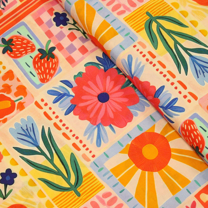 Tissu Viscose fluide Fruits en couleurs, palmiers et fleurs - COLLECTION SICILIA - STANDARD 100 OEKO - TEX - TissusPapi.com