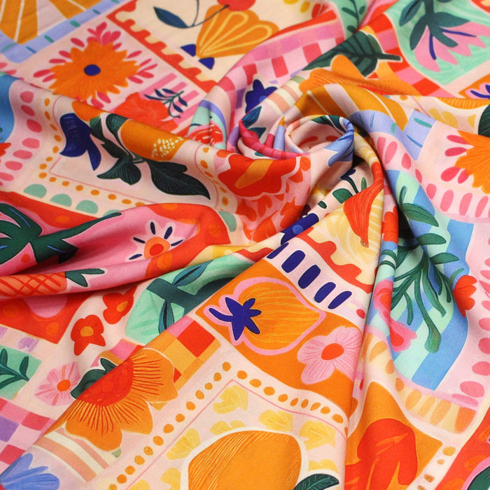 Tissu Viscose fluide Fruits en couleurs, palmiers et fleurs - COLLECTION SICILIA - STANDARD 100 OEKO - TEX - TissusPapi.com