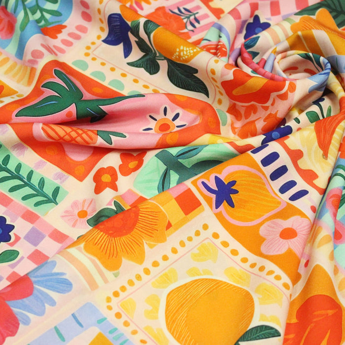 Tissu Viscose fluide Fruits en couleurs, palmiers et fleurs - COLLECTION SICILIA - STANDARD 100 OEKO - TEX - TissusPapi.com