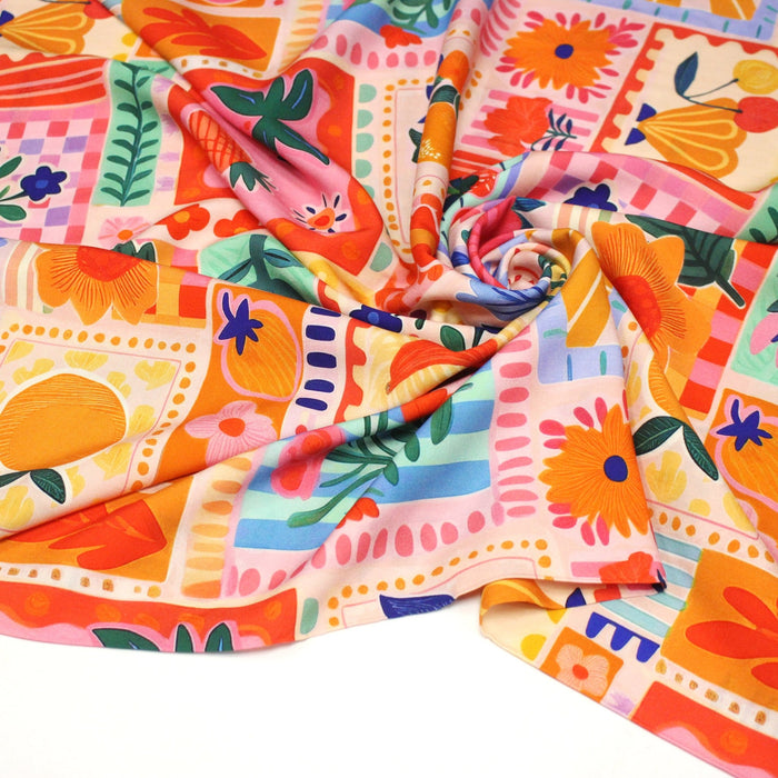 Tissu Viscose fluide Fruits en couleurs, palmiers et fleurs - COLLECTION SICILIA - STANDARD 100 OEKO - TEX - TissusPapi.com