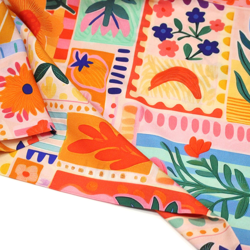 Tissu Viscose fluide Fruits en couleurs, palmiers et fleurs - COLLECTION SICILIA - STANDARD 100 OEKO - TEX - TissusPapi.com