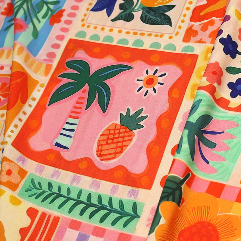 Tissu Viscose fluide Fruits en couleurs, palmiers et fleurs - COLLECTION SICILIA - STANDARD 100 OEKO - TEX - TissusPapi.com