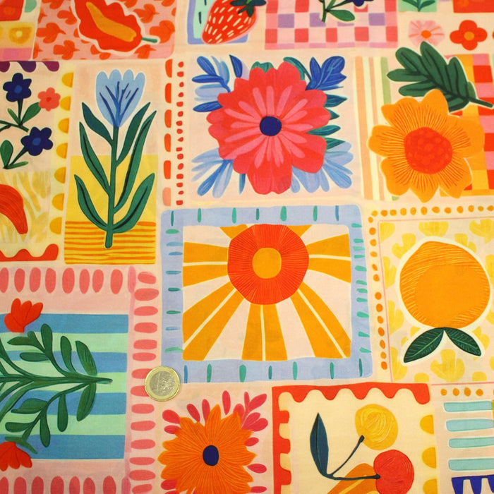 Tissu Viscose fluide Fruits en couleurs, palmiers et fleurs - COLLECTION SICILIA - STANDARD 100 OEKO - TEX - TissusPapi.com