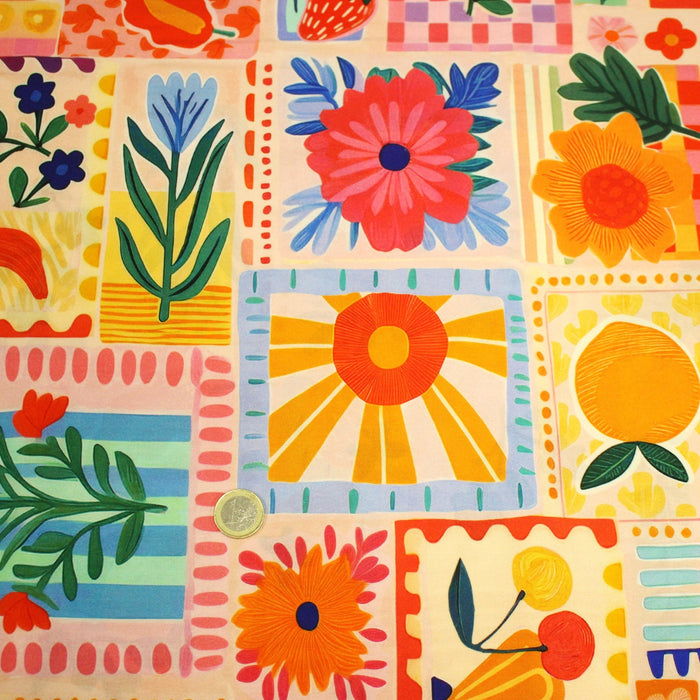 Tissu Viscose fluide Fruits en couleurs, palmiers et fleurs - COLLECTION SICILIA - STANDARD 100 OEKO - TEX - TissusPapi.com