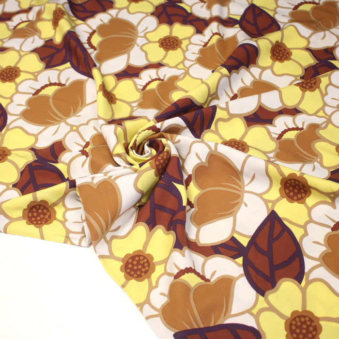 Tissu Viscose fluide CLEMONE fleuri seventies jaune & marron - OEKO-TEX