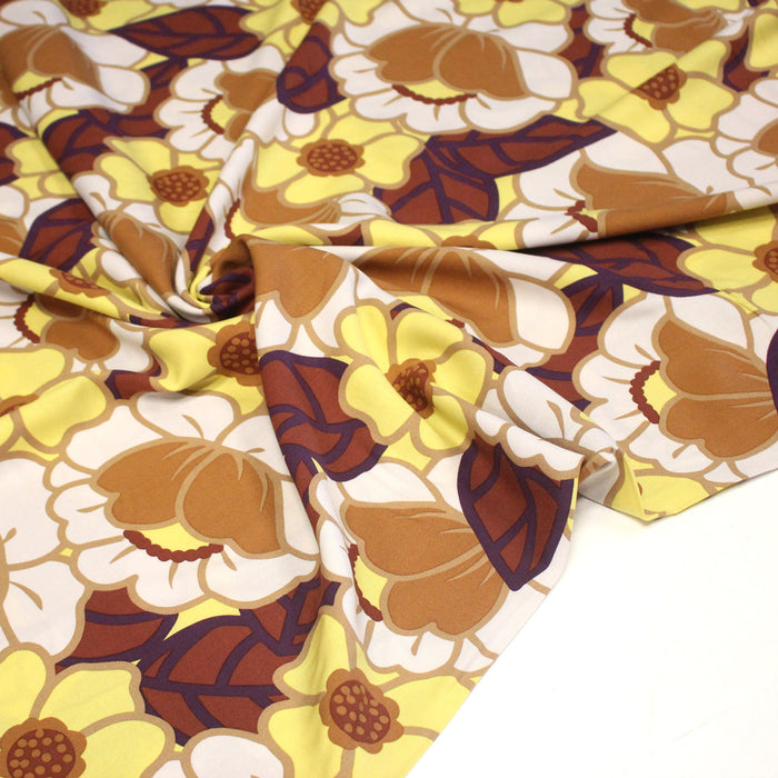 Tissu Viscose fluide CLEMONE fleuri seventies jaune & marron - OEKO-TEX