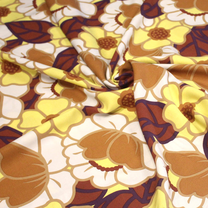 Tissu Viscose fluide CLEMONE fleuri seventies jaune & marron - OEKO-TEX