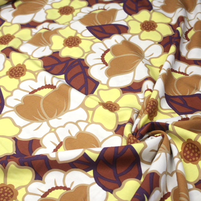 Tissu Viscose fluide CLEMONE fleuri seventies jaune & marron - OEKO-TEX