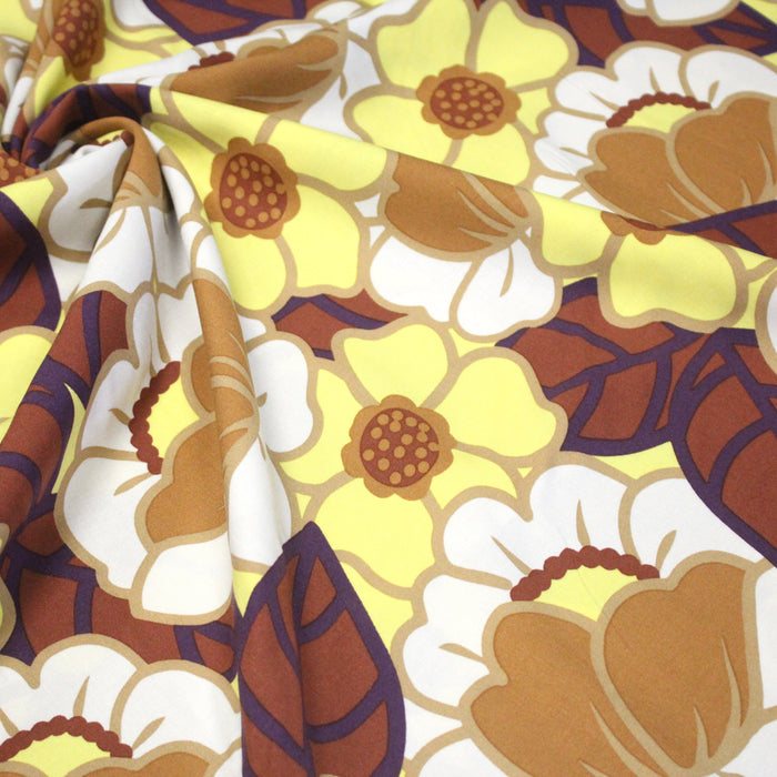 Tissu Viscose fluide CLEMONE fleuri seventies jaune & marron - OEKO-TEX