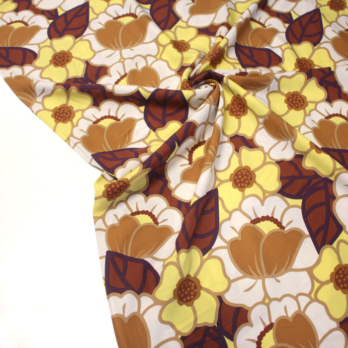 Tissu Viscose fluide CLEMONE fleuri seventies jaune & marron - OEKO-TEX