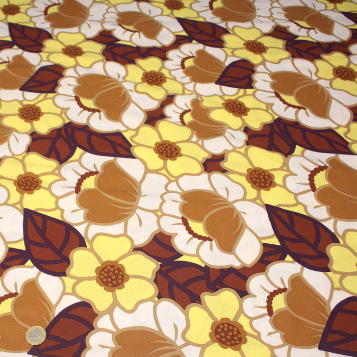 Tissu Viscose fluide CLEMONE fleuri seventies jaune & marron - OEKO-TEX