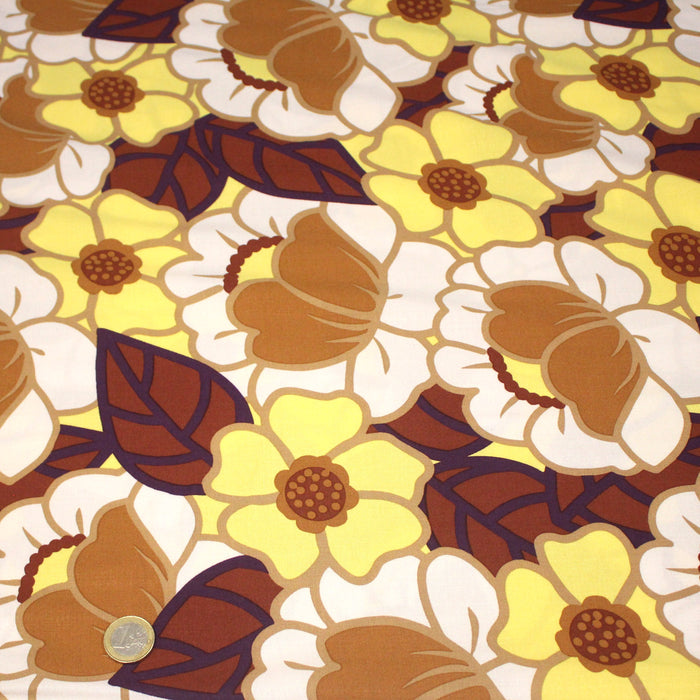 Tissu Viscose fluide CLEMONE fleuri seventies jaune & marron - OEKO-TEX