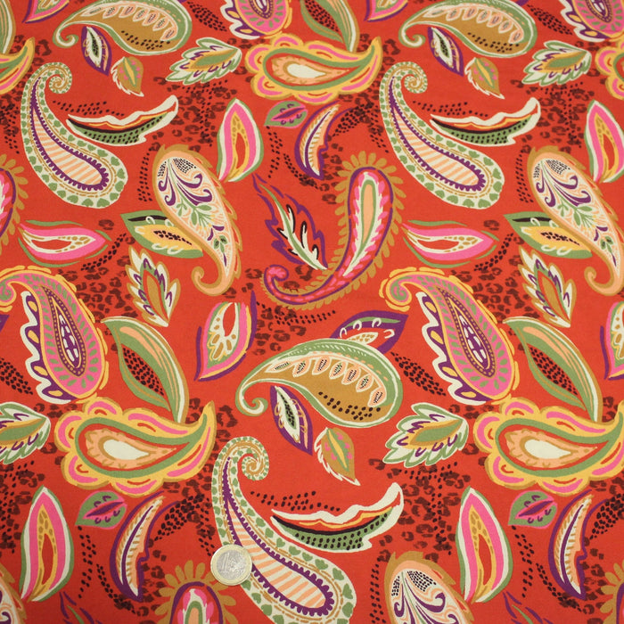 Tissu Viscose fluide ANJALI motif cachemire multicolore fond rouge – STANDARD 100 OEKO - TEX - TissusPapi.com