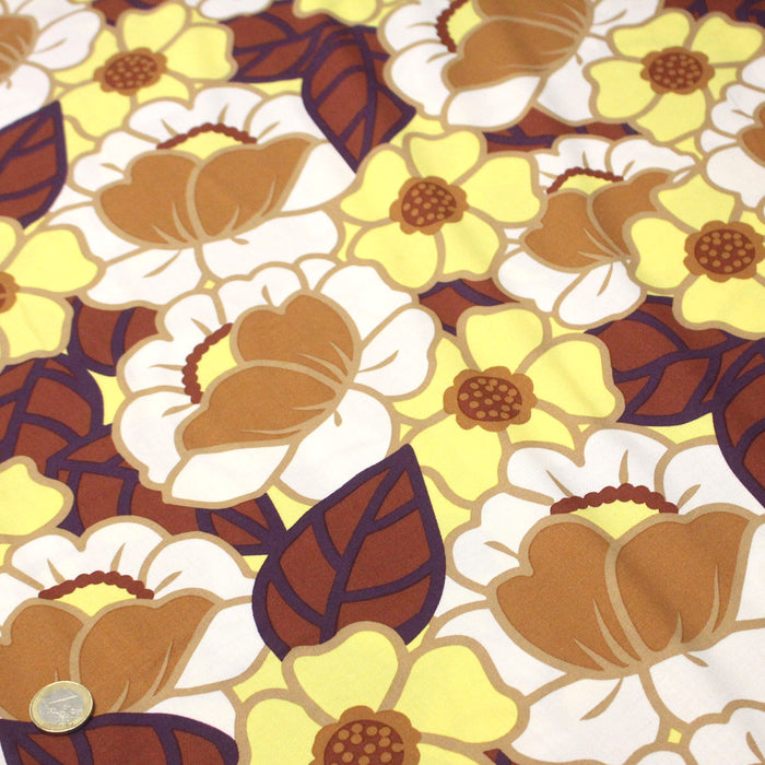 Tissu Viscose fluide CLEMONE fleuri seventies jaune & marron - OEKO-TEX