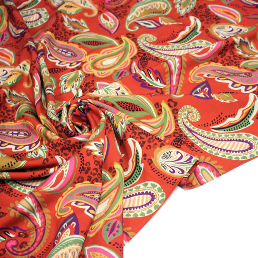 Tissu Viscose fluide ANJALI motif cachemire multicolore fond rouge – STANDARD 100 OEKO - TEX - TissusPapi.com