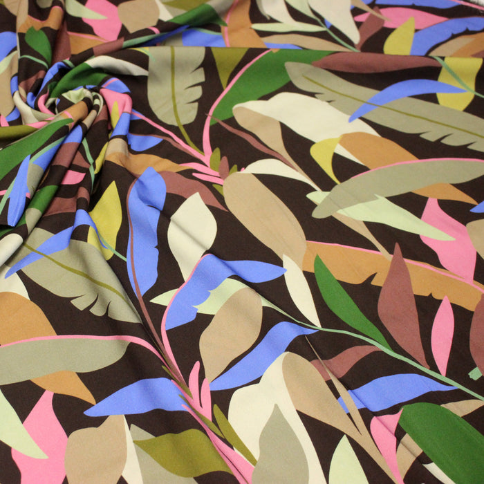 Tissu Viscose fluide FLOR DE SOL floral tropical chocolat vert bleu rose - STANDARD 100 OEKO-TEX