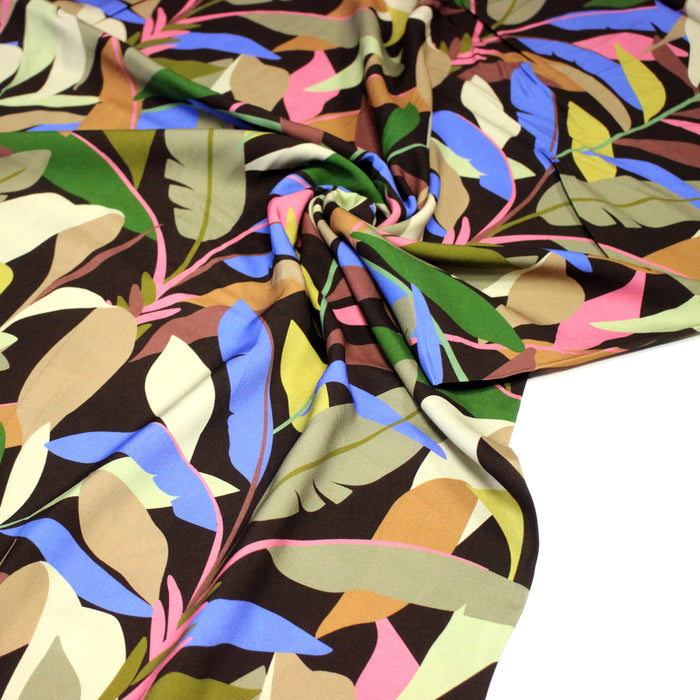 Tissu Viscose fluide FLOR DE SOL floral tropical chocolat vert bleu rose - STANDARD 100 OEKO-TEX