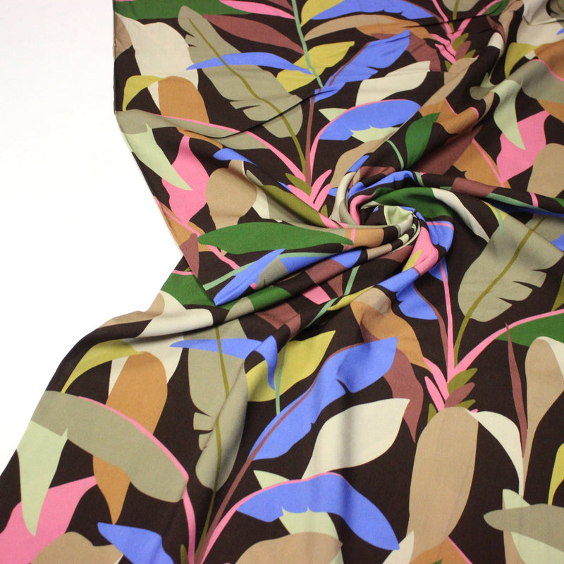 Tissu Viscose fluide FLOR DE SOL floral tropical chocolat vert bleu rose - STANDARD 100 OEKO - TEX - TissusPapi.com