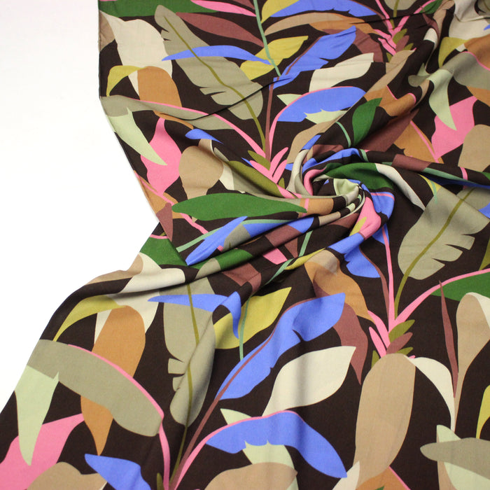 Tissu Viscose fluide FLOR DE SOL floral tropical chocolat vert bleu rose - STANDARD 100 OEKO-TEX