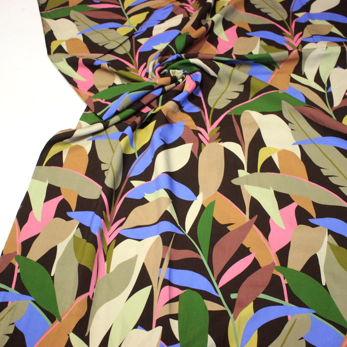Tissu Viscose fluide FLOR DE SOL floral tropical chocolat vert bleu rose - STANDARD 100 OEKO-TEX