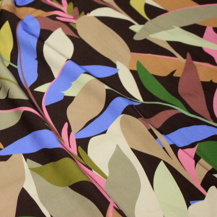 Tissu Viscose fluide FLOR DE SOL floral tropical chocolat vert bleu rose - STANDARD 100 OEKO-TEX