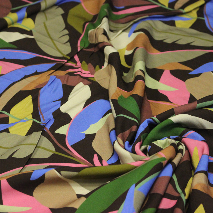 Tissu Viscose fluide FLOR DE SOL floral tropical chocolat vert bleu rose - STANDARD 100 OEKO-TEX