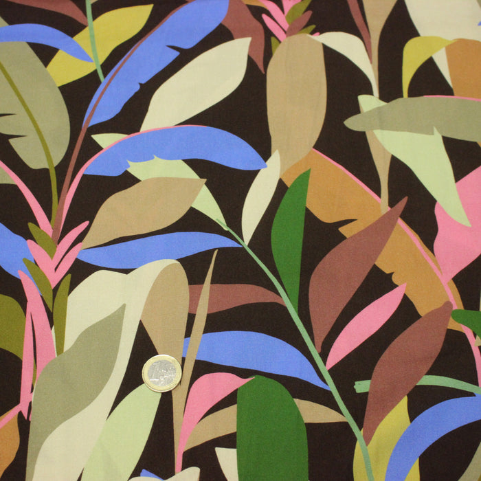 Tissu Viscose fluide FLOR DE SOL floral tropical chocolat vert bleu rose - STANDARD 100 OEKO-TEX