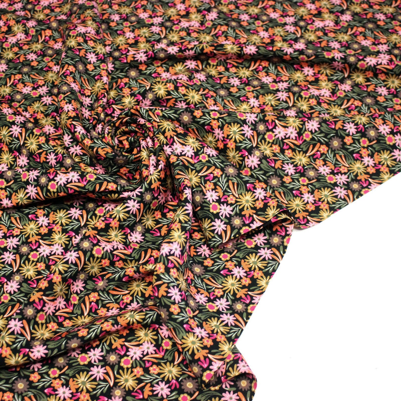 Tissu Viscose fluide JOLI petit fleuri rose ocre vert fond noir – STANDARD 100 OEKO - TEX - TissusPapi.com