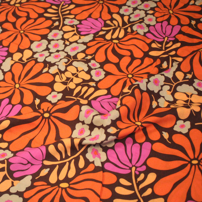 Tissu Viscose fluide SEVENTIES floral marron et orange - OEKO-TEX