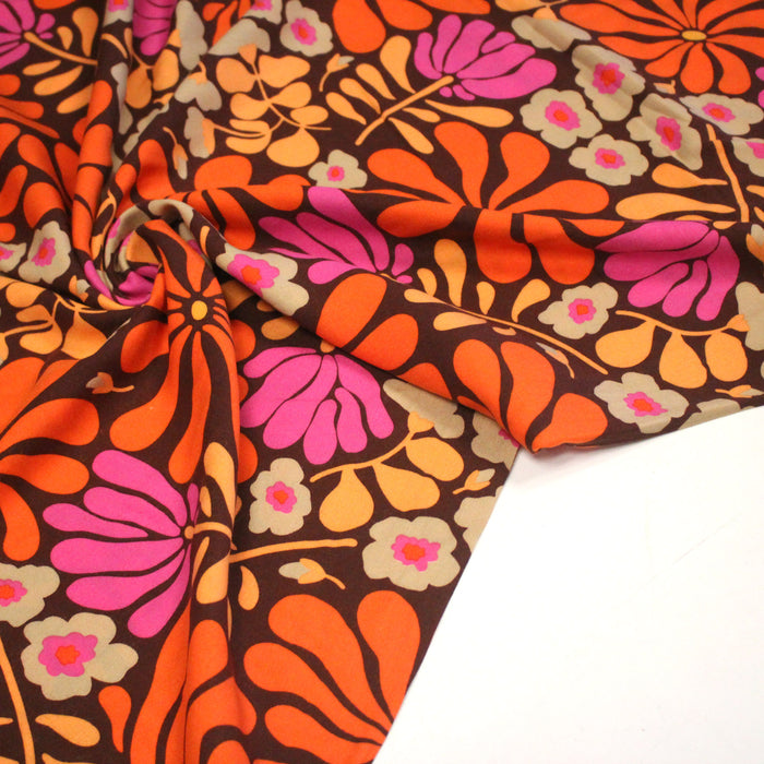 Tissu Viscose fluide SEVENTIES floral marron et orange - OEKO-TEX