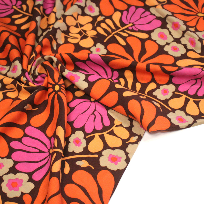 Tissu Viscose fluide SEVENTIES floral marron et orange - OEKO-TEX