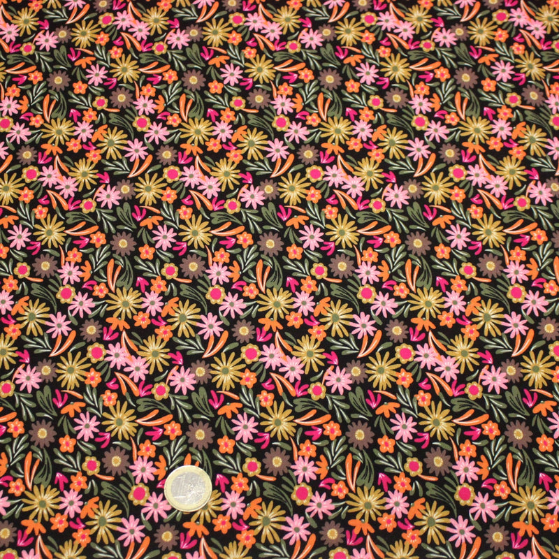Tissu Viscose fluide JOLI petit fleuri rose ocre vert fond noir – STANDARD 100 OEKO - TEX - TissusPapi.com