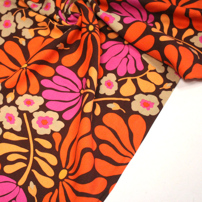 Tissu Viscose fluide SEVENTIES floral marron et orange - OEKO-TEX