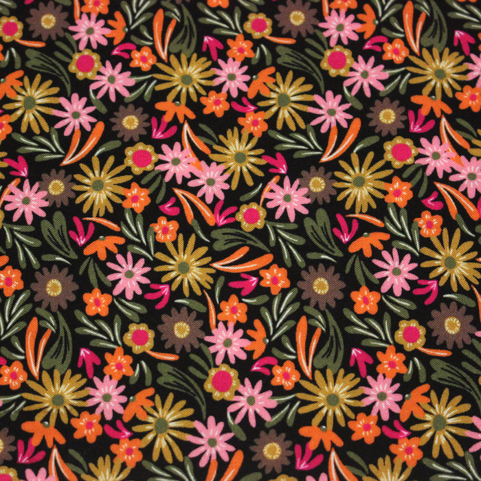 Tissu Viscose fluide JOLI petit fleuri rose ocre vert fond noir – STANDARD 100 OEKO-TEX