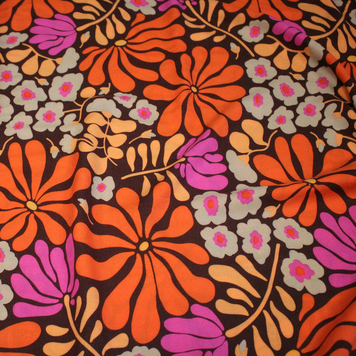 Tissu Viscose fluide SEVENTIES floral marron et orange - OEKO-TEX