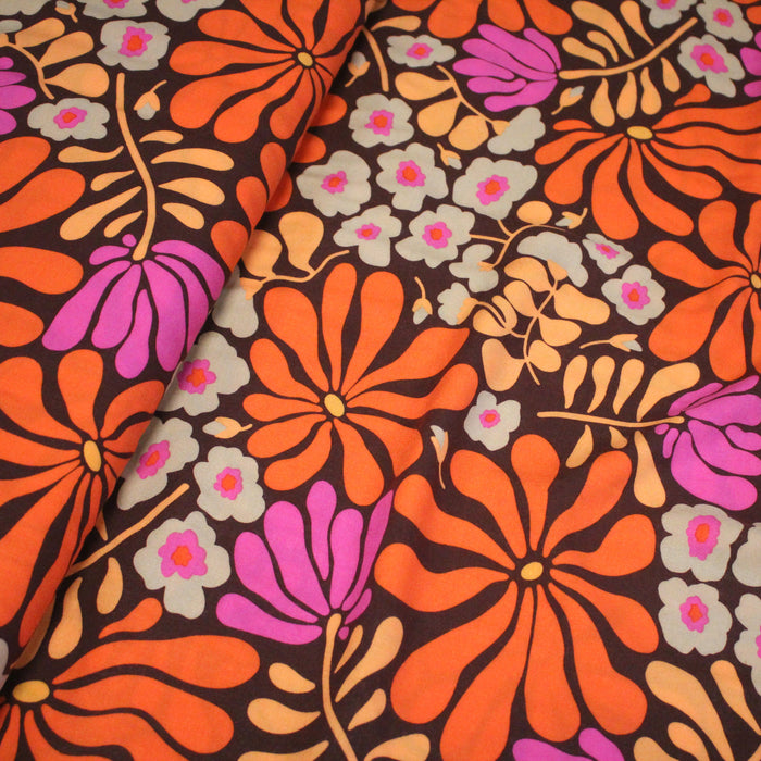 Tissu Viscose fluide SEVENTIES floral marron et orange - OEKO-TEX