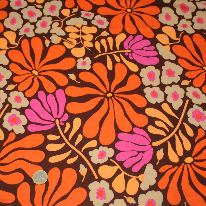 Tissu Viscose fluide SEVENTIES floral marron et orange - OEKO-TEX