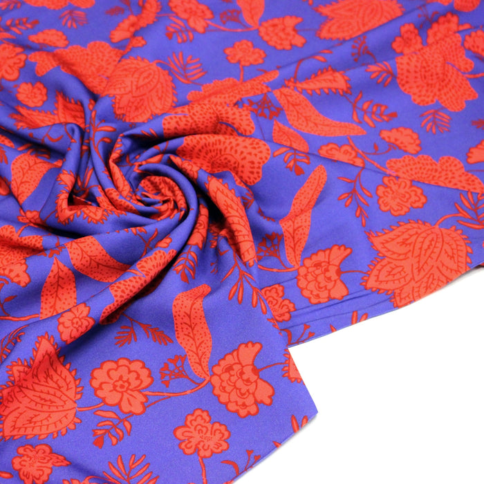Tissu Viscose fluide KHIMSAR, motif floral INDIENNES bleu et rouge - STANDARD 100 OEKO-TEX