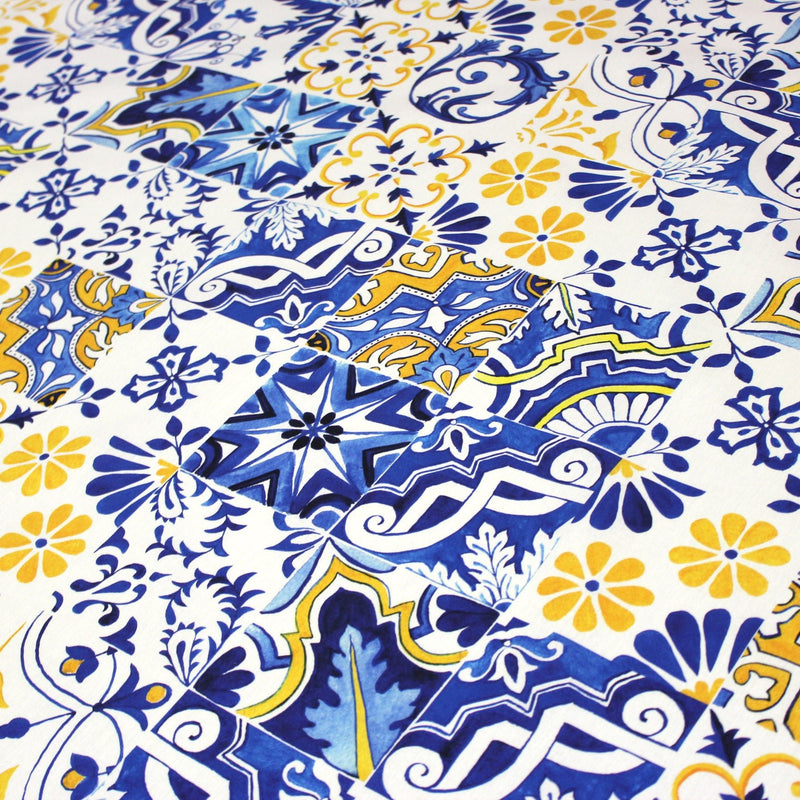 Tissu cotonnade AZULEJOS aux carreaux de faïence : bleu roi / bleu jaune / bleu orange - TissusPapi.com