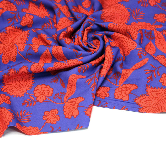 Tissu Viscose fluide KHIMSAR, motif floral INDIENNES bleu et rouge - STANDARD 100 OEKO-TEX
