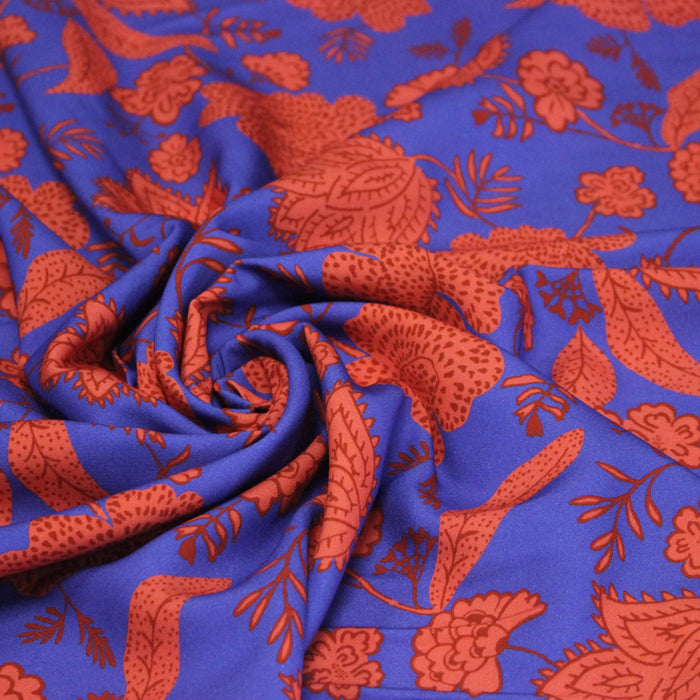 Tissu Viscose fluide KHIMSAR, motif floral INDIENNES bleu et rouge - STANDARD 100 OEKO-TEX