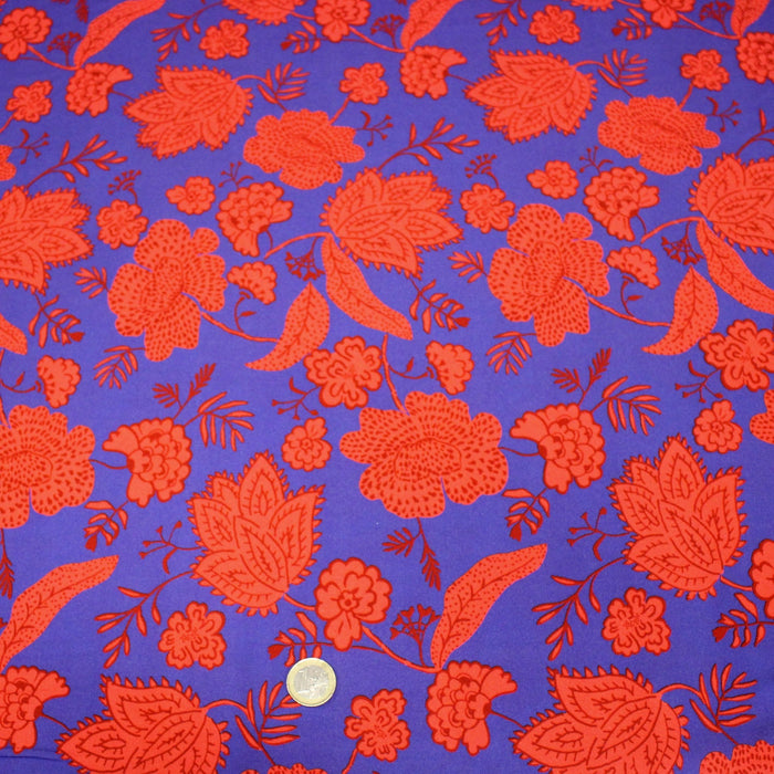 Tissu Viscose fluide KHIMSAR, motif floral INDIENNES bleu et rouge - STANDARD 100 OEKO-TEX