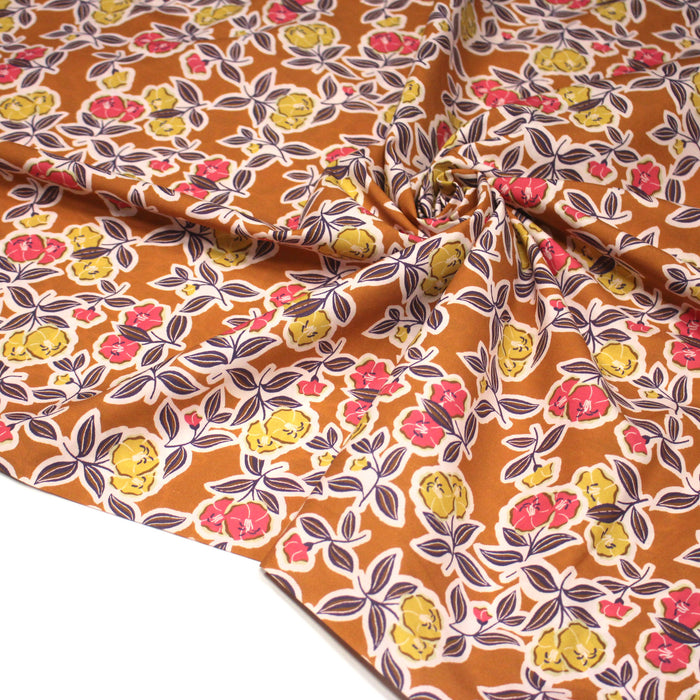 Tissu popeline de coton ocre aux fleurs jaunes & rose FANOU - OEKO-TEX