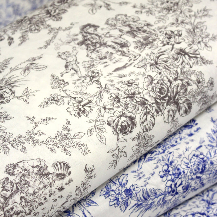Tissu coton renforcé TOILE DE JOUY LES BAMBINS, grande largeur 280cm : bleu ou grège - OEKO - TEX - TissusPapi.com