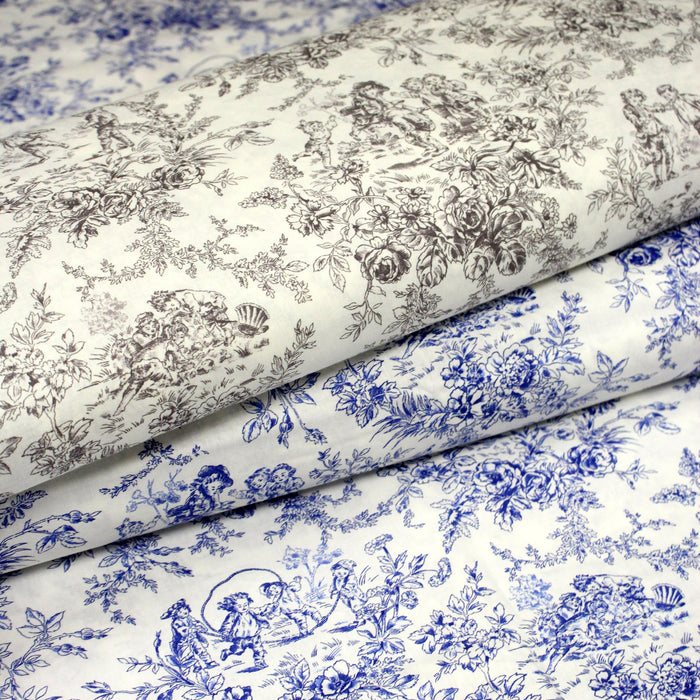 Tissu coton renforcé TOILE DE JOUY LES BAMBINS, grande largeur 280cm : bleu ou grège - OEKO - TEX - TissusPapi.com