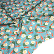Tissu cotonnade motif japonais KOï aux poissons carpes koï & nénuphars, fond bleu d'eau - OEKO - TEX - TissusPapi.com