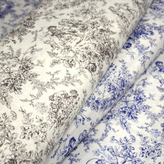 Tissu coton renforcé TOILE DE JOUY LES BAMBINS, grande largeur 280cm : bleu ou grège - OEKO - TEX - TissusPapi.com