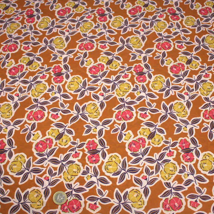 Tissu popeline de coton ocre aux fleurs jaunes & rose FANOU - OEKO-TEX